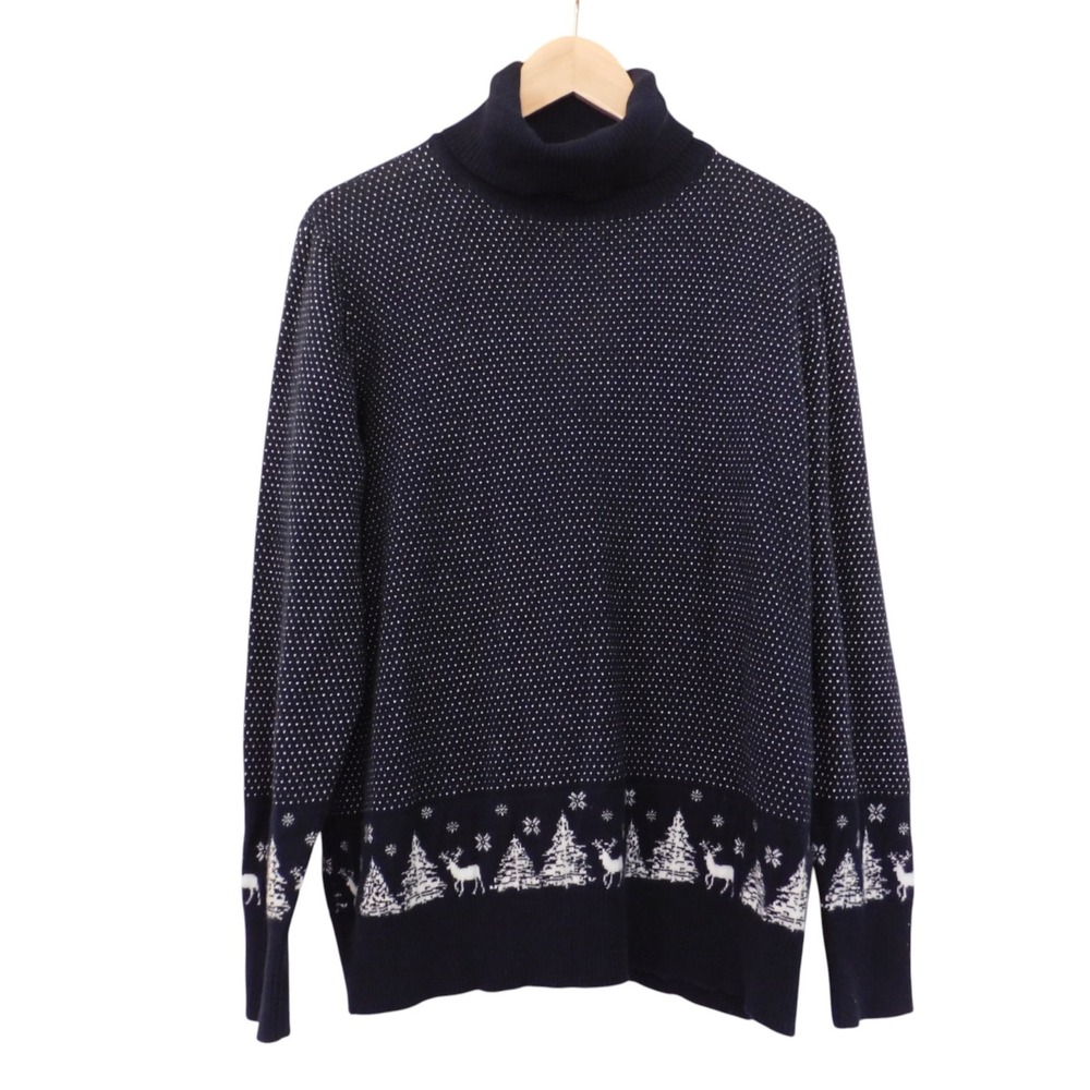 LL Bean Womens Turtleneck Christmas Sweater Blue Birdseye Cotton Cashmere Sz 1X